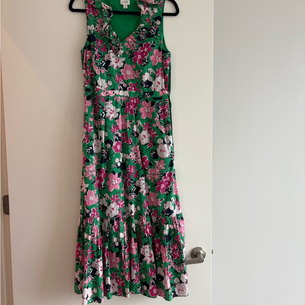 J. Crew Green Pink Tiered Ruffled Maxi Dress